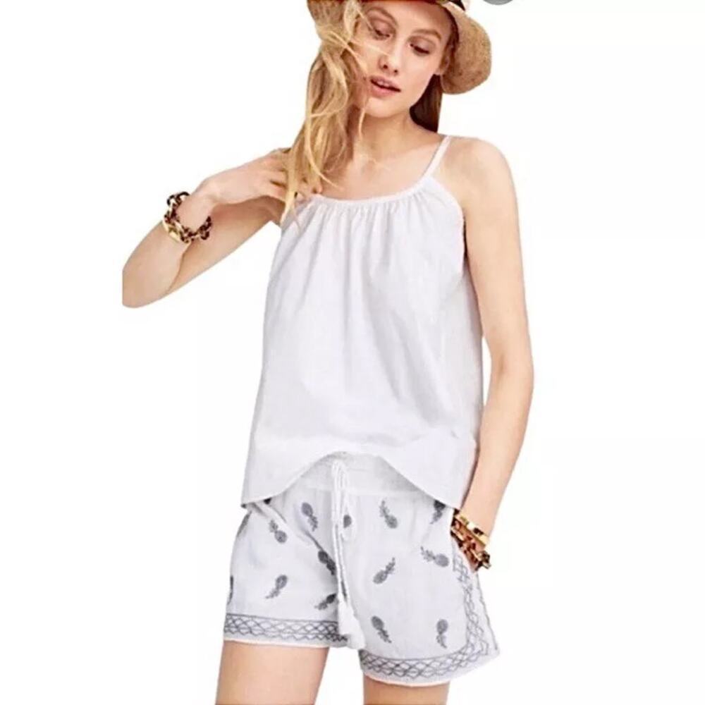 J.Crew Women's White Silver Metallic Embroidered Pineapple Shorts Gauzy Cotton M